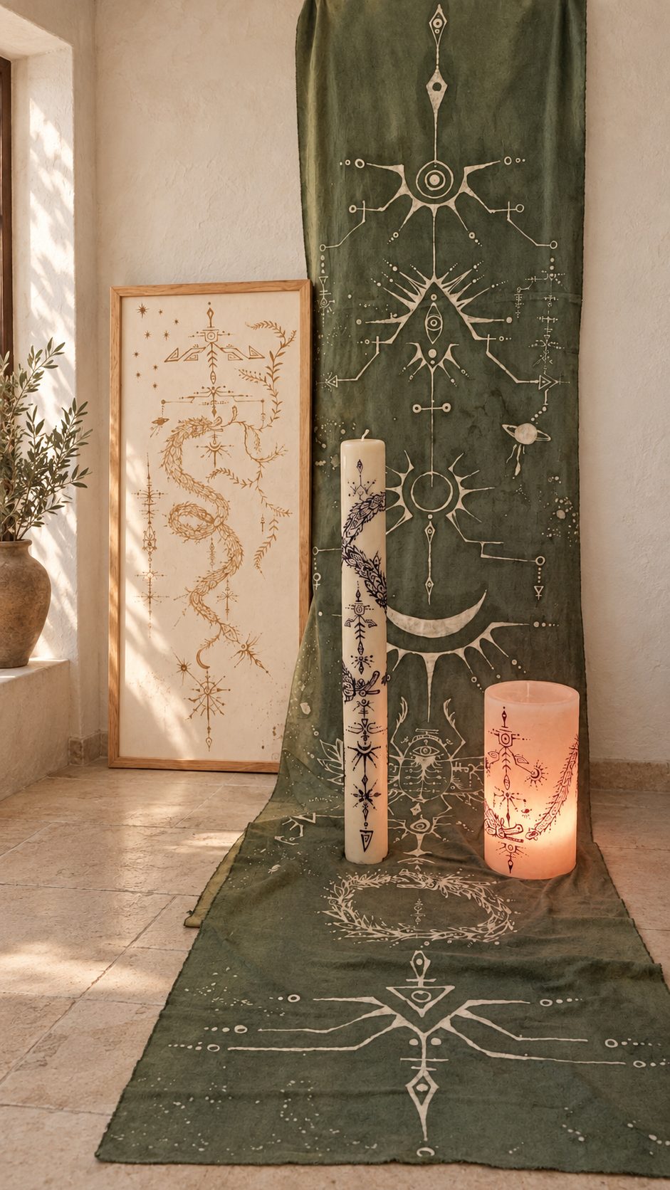 A green batik banner, a serpent scroll, and lit candles arranged in a warm interior